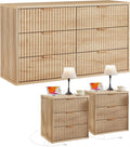 LEYAOYAO 48' Wide Fluted Dresser and 3 Drawers 23' Nightstand Set of 2, Wooden Dresser & Night Stand with Charging Station, 3 Piece Bedroom Furniture Set, Wood Chest of Drawer for Living Room,Natural