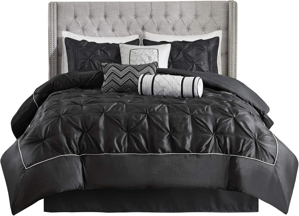 Madison Park Laurel King Size Bed Comforter Set Bed In A Bag - Black , Wrinkle Tufted Pleated – 7 Pieces Bedding Sets – Faux Silk Bedroom Comforters