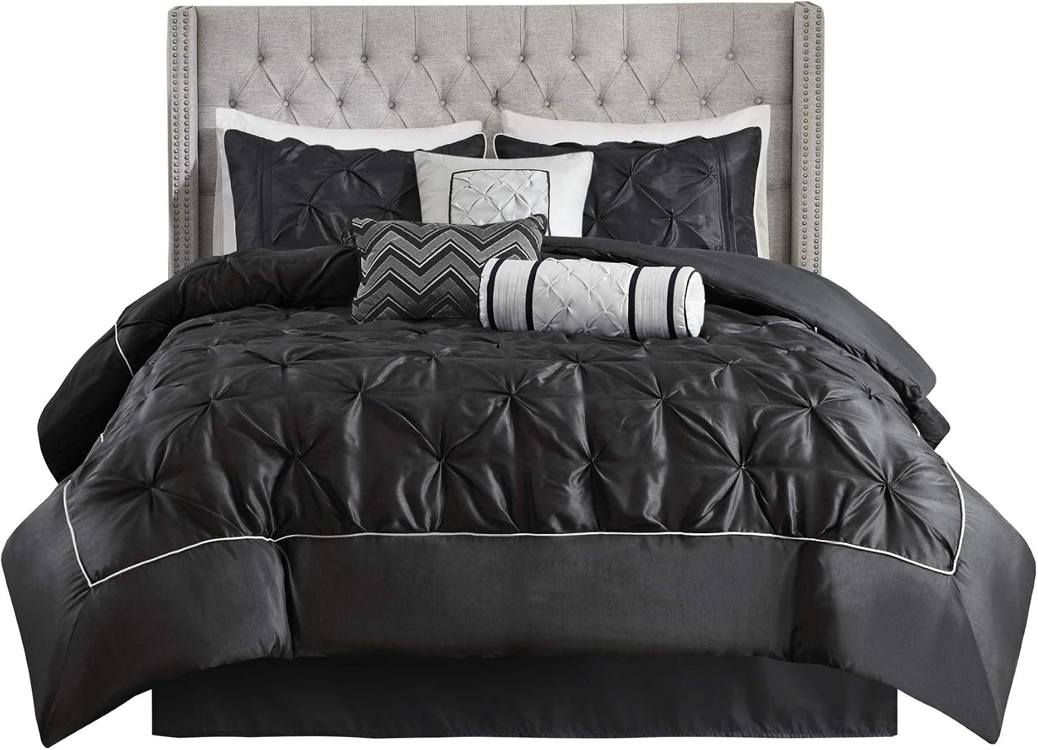 Madison Park Laurel King Size Bed Comforter Set Bed In A Bag - Black , Wrinkle Tufted Pleated – 7 Pieces Bedding Sets – Faux Silk Bedroom Comforters