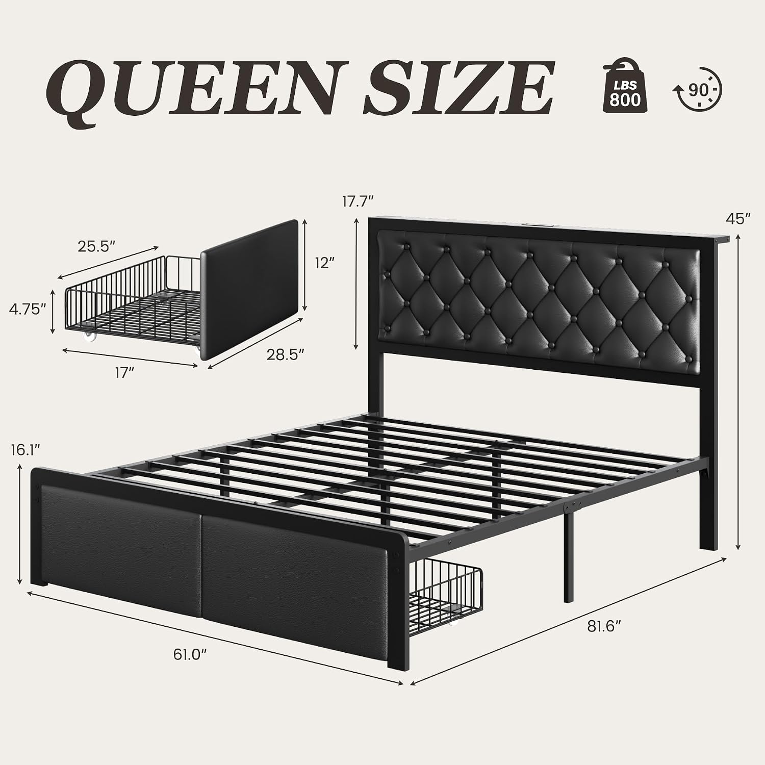 Fluest Queen Bed Frame with 2 Storage Drawers, Upholstered Headboard Button Tufted Bed Frame with Charging Station, No Box Spring Needed, Noise-Free, All Metal Structure, Black