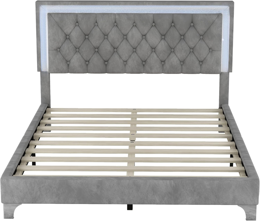 3-Pieces Bedroom Sets, Harper & Bright Designs Queen Size LED Velvet Platform Bed Frame with LED Lights & Tufted Headboard, Wood Slat Support, No Box Spring Needed, Easy Assembly (Grey)