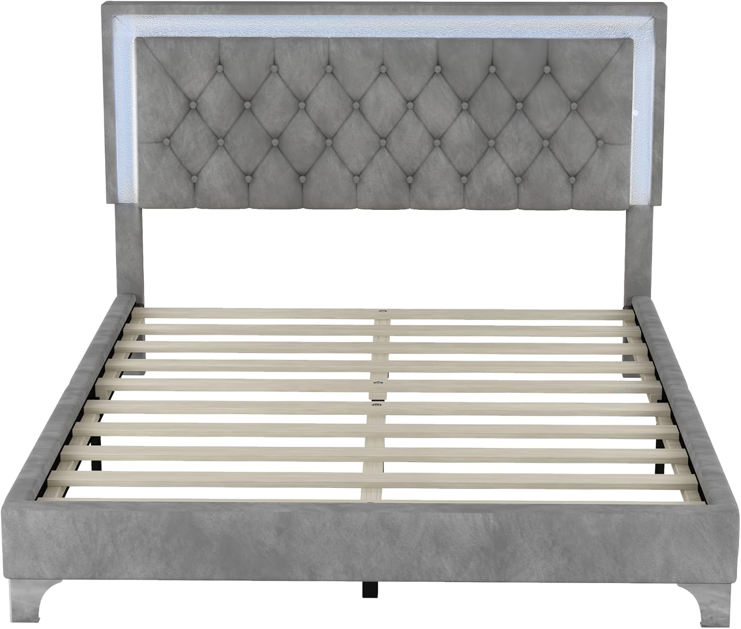 3-Pieces Bedroom Sets, Harper & Bright Designs Queen Size LED Velvet Platform Bed Frame with LED Lights & Tufted Headboard, Wood Slat Support, No Box Spring Needed, Easy Assembly (Grey)