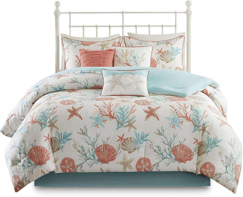 Madison Park 100% Cotton Comforter Set - Coastal Coral, Starfish Design All Season Down Alternative Cozy Bedding with Matching Shams, Decorative Pillow, California King(104'x92'), Teal 7 Piece