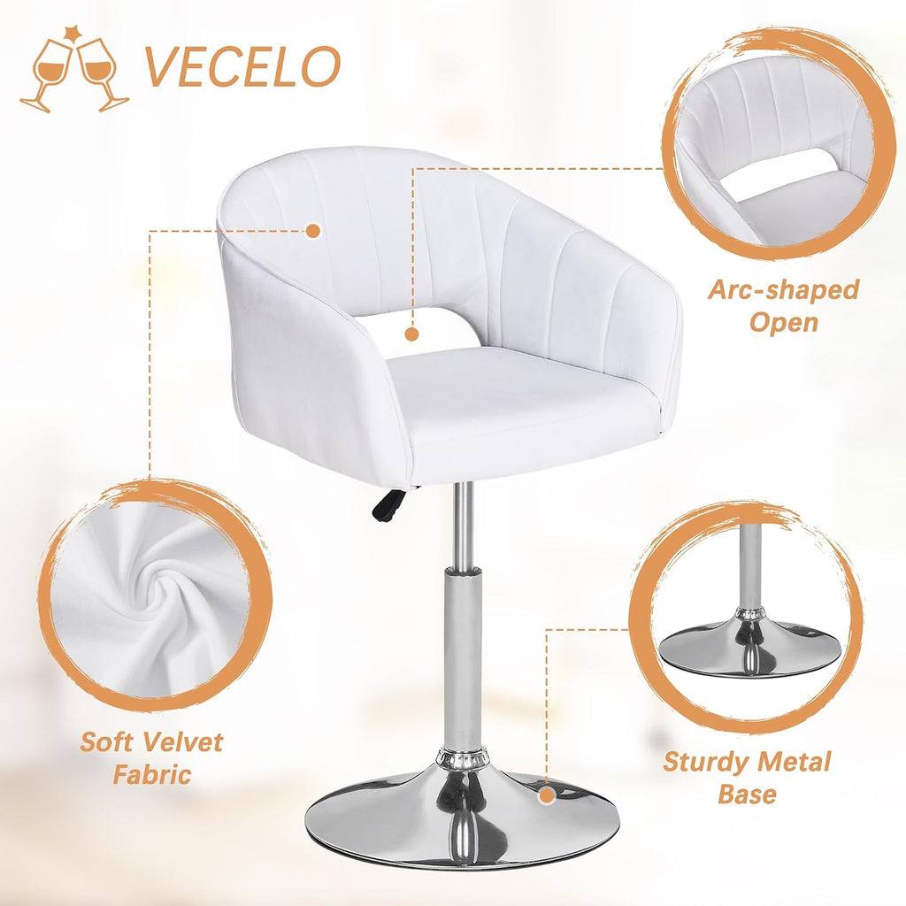 VECELO Velvet Accent Chair Set of 2, Adjustable Luxury Vanity & Dining Chair with Gold Barstool Base, 360°Swivel Upholstered Armchair for Living Room, Bedroom, Home Office, Pearl White