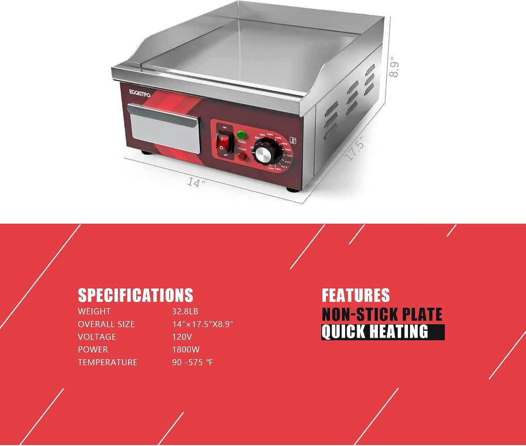 EGGKITPO 14 Inch Electric Griddle 120V 1800W, Non-Stick Flat Top Grill Commercial Electric Countertop Griddles Stainless Steel Adjustable Temperature Control 90℉-575℉ for Home or Restaurant Use