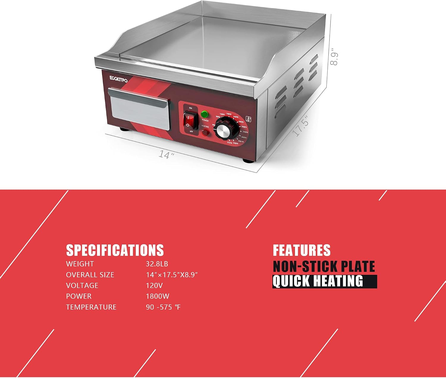 EGGKITPO 14 Inch Electric Griddle 120V 1800W, Non-Stick Flat Top Grill Commercial Electric Countertop Griddles Stainless Steel Adjustable Temperature Control 90℉-575℉ for Home or Restaurant Use