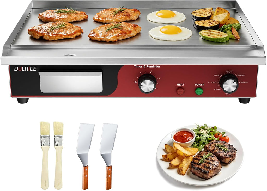 22' Commercial Electric Griddle 1500W, Flat Top Grill with 5-Min Reminder Timer, Adjustable Temp Control (122°F-572°F), Stainless Steel Countertop Griddle for Restaurant & Home Kitchen
