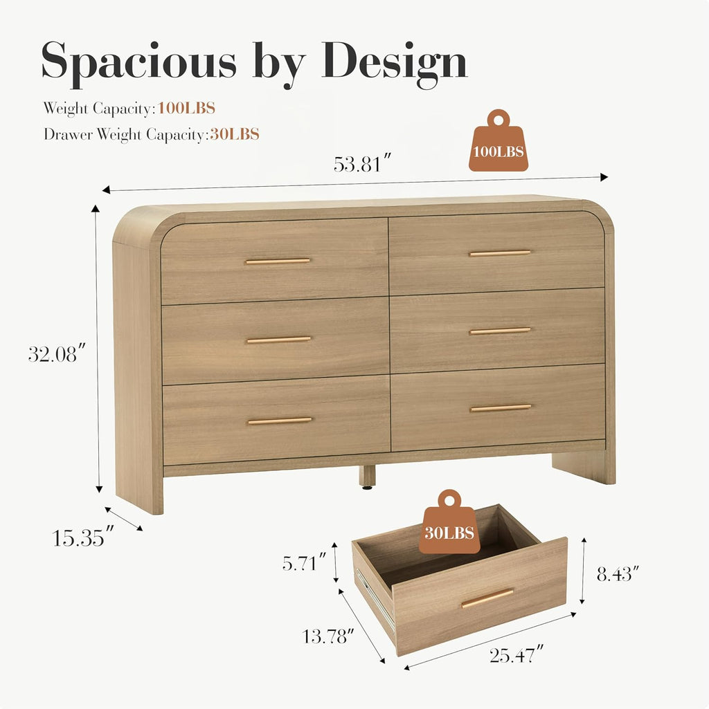 Curved 6-Drawer Dresser for Bedroom, 54' Wide Modern Chest of Drawers, Vanity Desk TV Stand for Living Room, Closet Storage Drawers Organizer Furniture, Nursery, Hallway, Oak