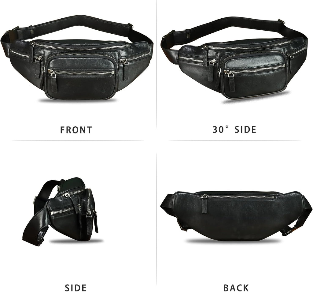 Genuine Leather Fanny Packs for Women and Men Waist Bag Vintage Hip Bum Bag Over Shoulder Crossbody Sling Bag (Black)