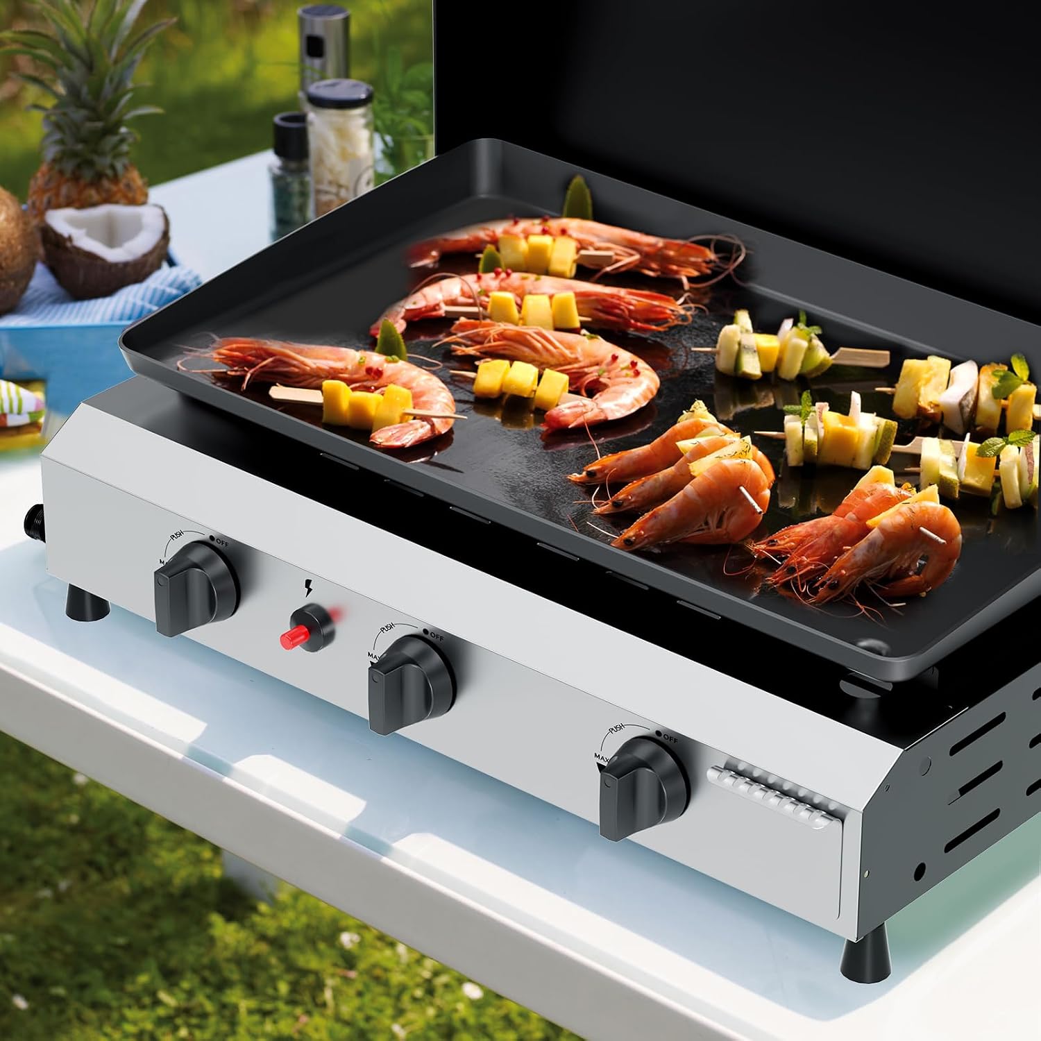 25.6'' Gas Griddle Flat Top Grill with Lid, 3-Burner Tabletop Portable Propane Griddle for Outdoor Cooking, Camping & Tailgating Barbecue, 45,000BTU Output, Silver
