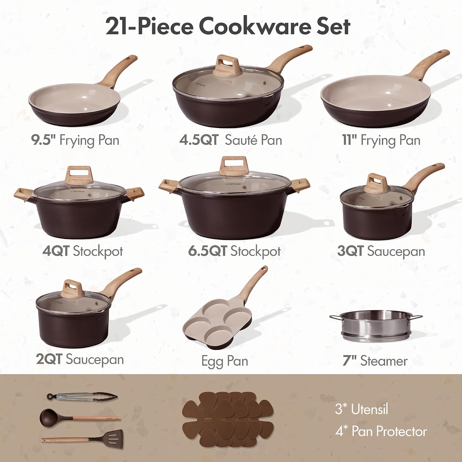 CAROTE 21 PCS Ceramic Cookware Set, Pots and Pans Set Non Stick, Pot and Pan Set with Frying Pan, Induction Ready Cooking Set for Kitchen, PFOS/PFOA/PFAS Free, Brown
