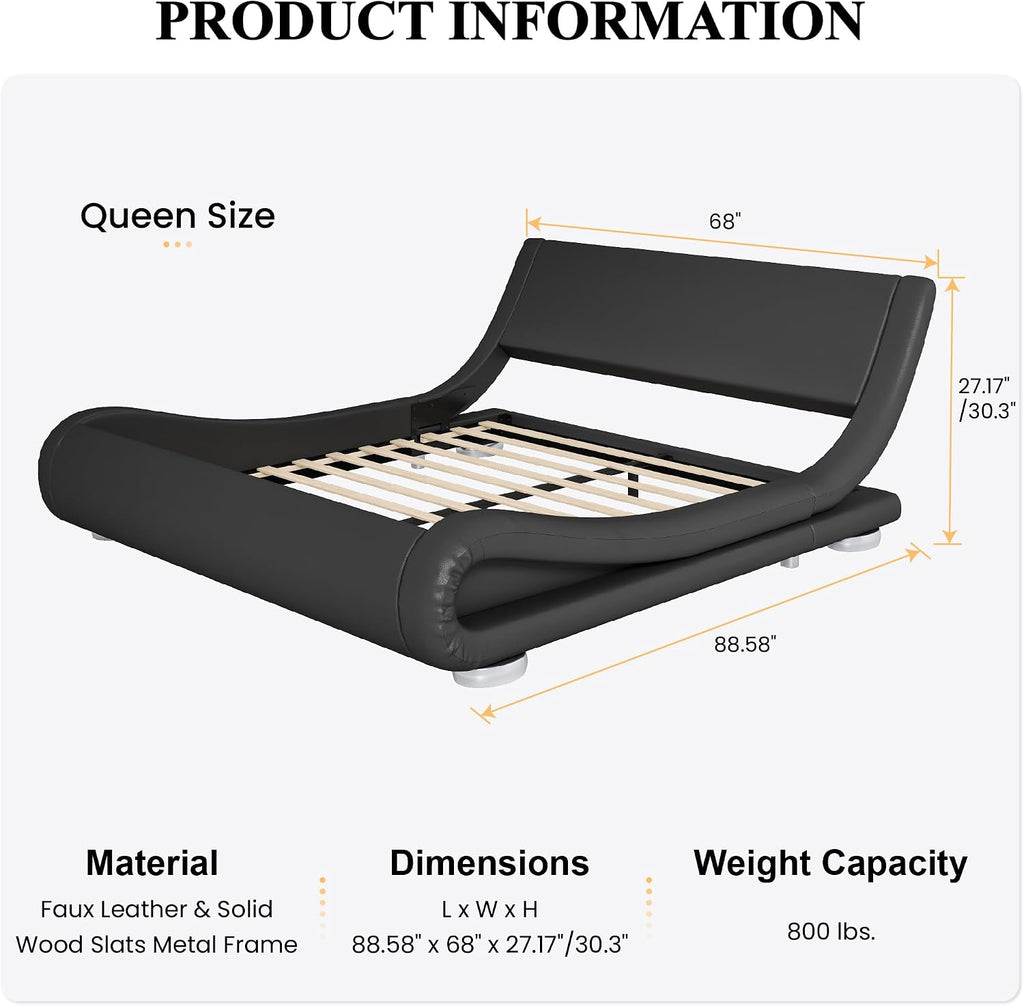 SHA CERLIN Queen Size Upholstered Bed Frame, Deluxe Low Profile Sleigh Bed with Faux Leather Ergonomics Headboard, No Box Spring Needed & Easy Assembly, Black