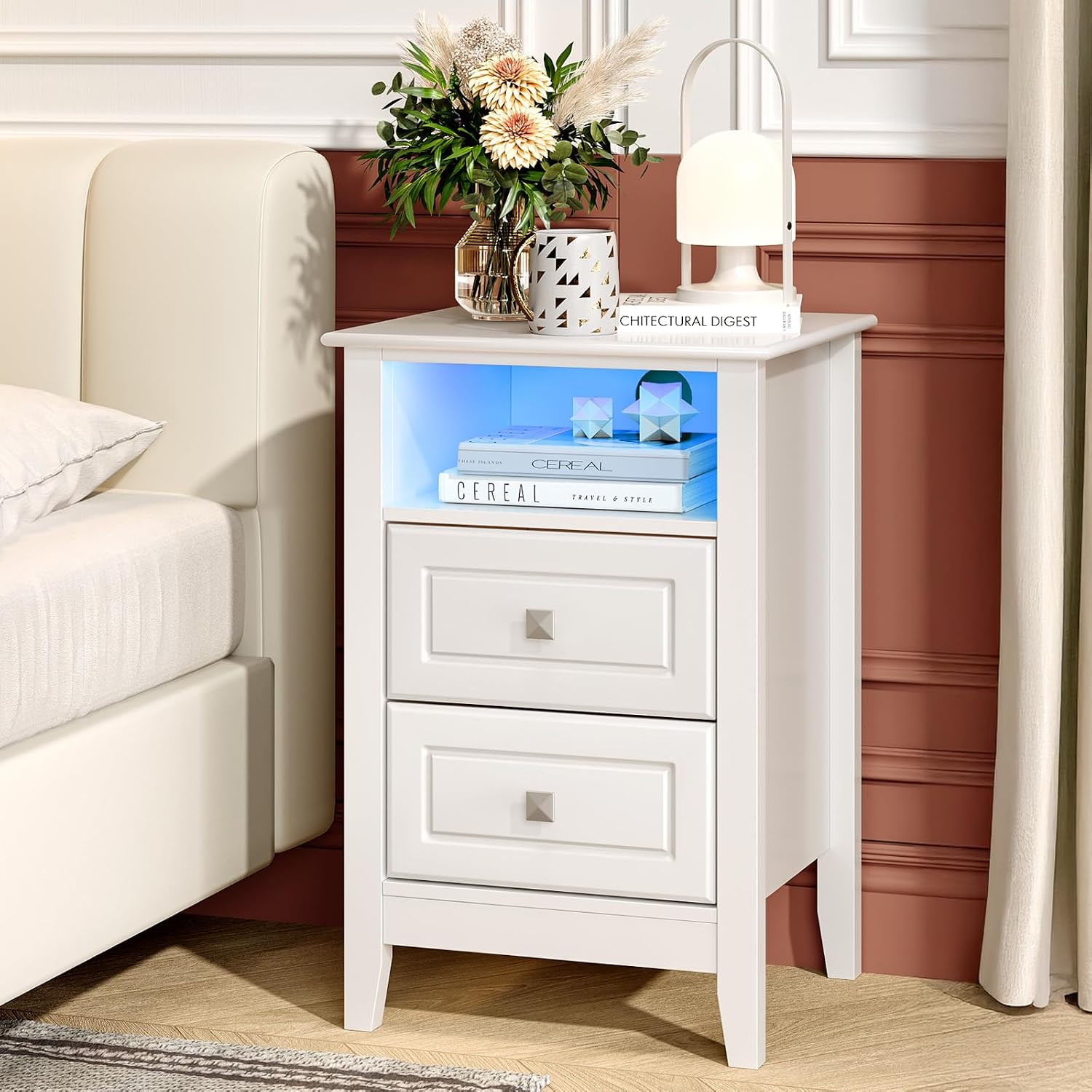 Bonnlo White Nightstand Set of 2 with Charging Station & Led Lights Night Stands White Bedside Table, Wooden Nightstands with Drawers, Modern Nightstand for Bedroom, 15.75' W*13.78' D*23.62' H