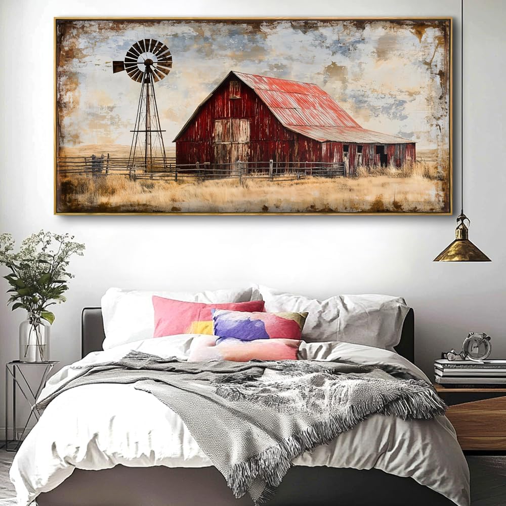 Abstract Farm Landscape Wall Art - Large Framed Canvas Painting for Living Room, Bedroom, Modern Artwork Decor - 60x30 Inch Ready-to-Hang