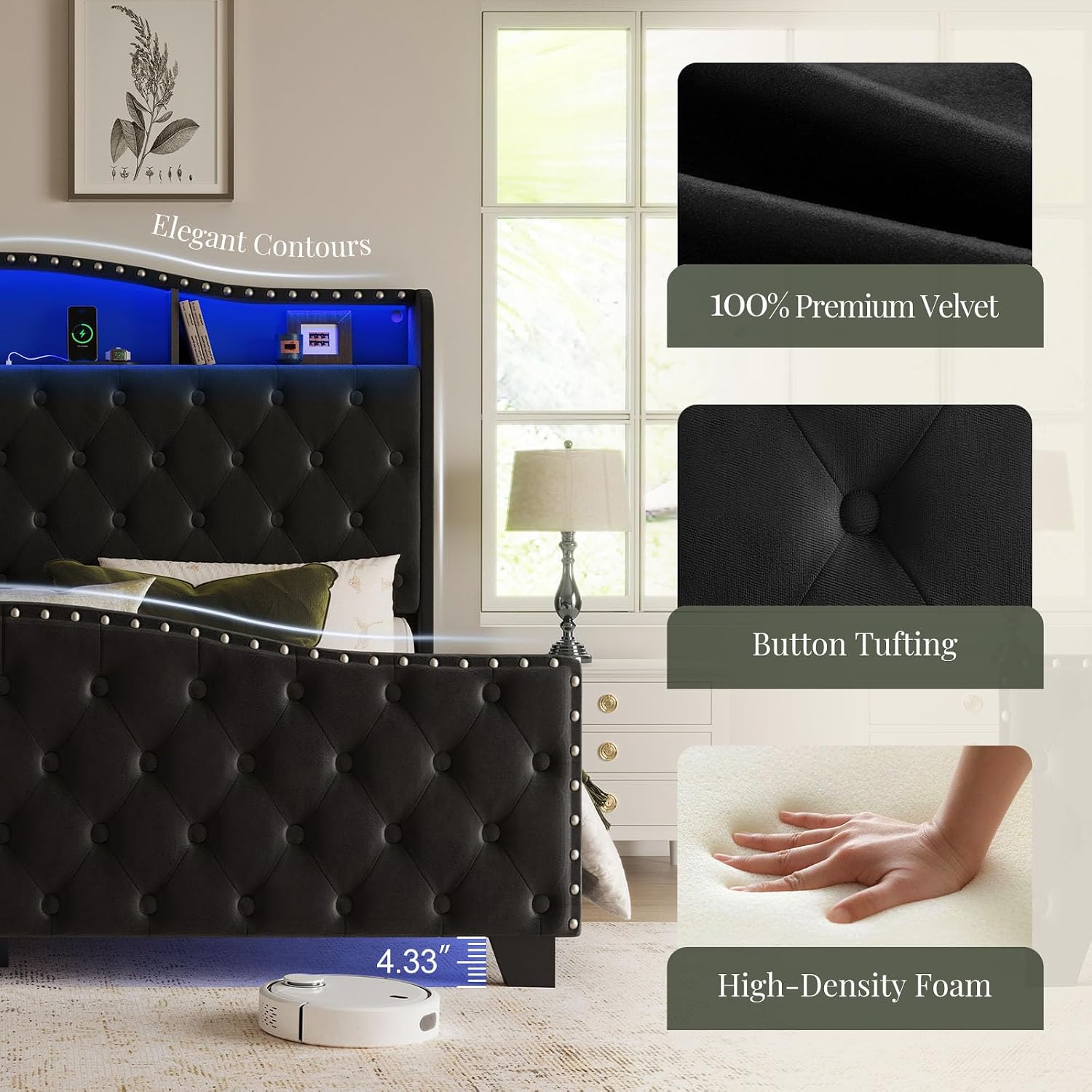 Belffin Queen Size Bed Frame and Headboard, 50.9' Velvet Upholstered Wingback Bedframe with LED Lights & Storage/Charging Station, Button Tufted Tall Footboard, No Box Spring Needed, Noise-Free, Black
