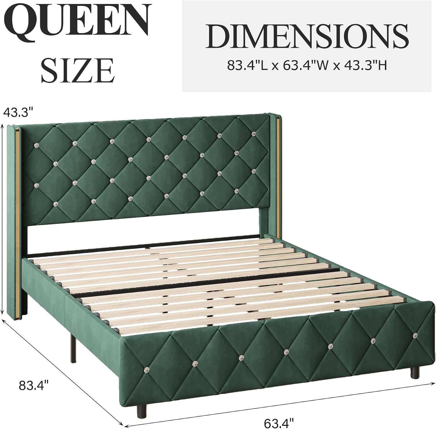 Lullabyre Queen Size Bed Frame, Upholstered Bed Frame with Diamond Tufted Headboard, Modern Silverside Wingback, No Box Spring Needed, Easy Assembly, Green