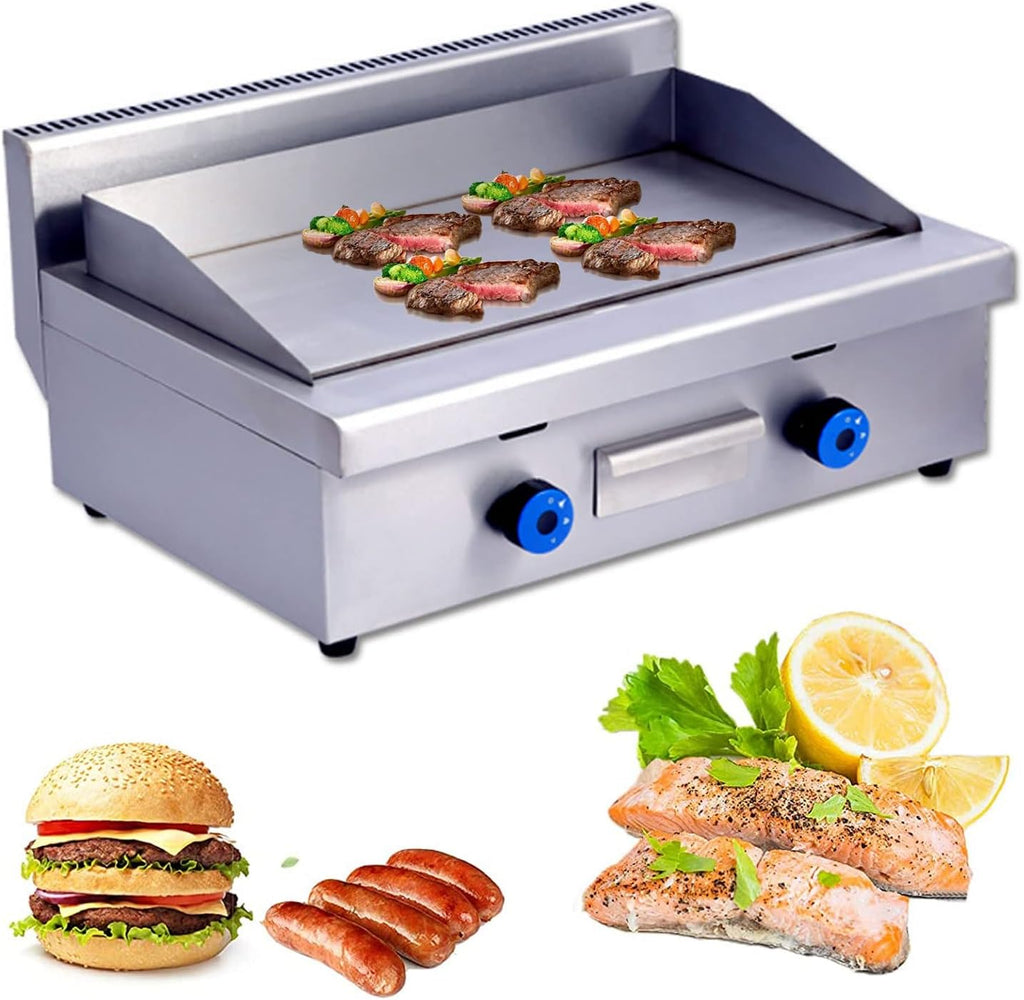 Commercial Propane Gas Griddle, 2 Stainless Steel Burner Tabletop Gas, Portable Table Ttop Grill, Large Non-Stick Steel Griddle, Teppanyaki Cooking Plate, Stainless-720-One Size