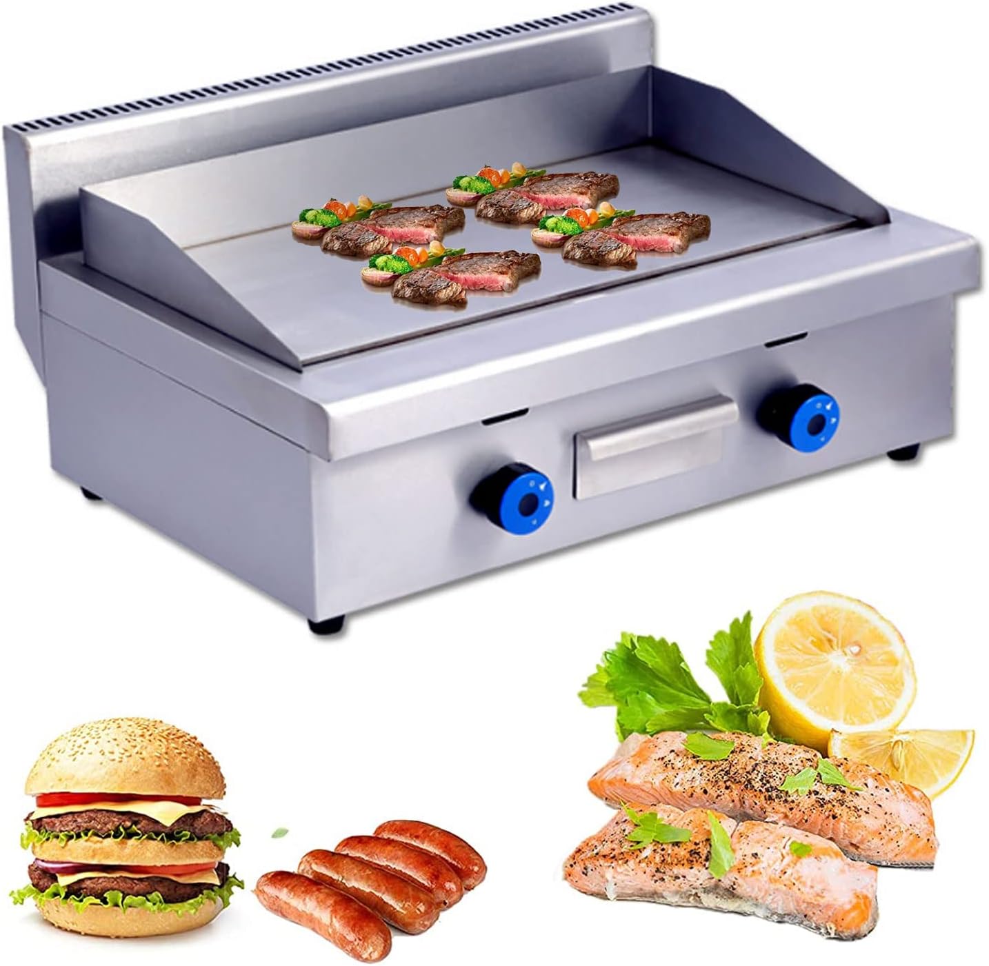 Commercial Propane Gas Griddle, 2 Stainless Steel Burner Tabletop Gas, Portable Table Ttop Grill, Large Non-Stick Steel Griddle, Teppanyaki Cooking Plate, Stainless-720-One Size