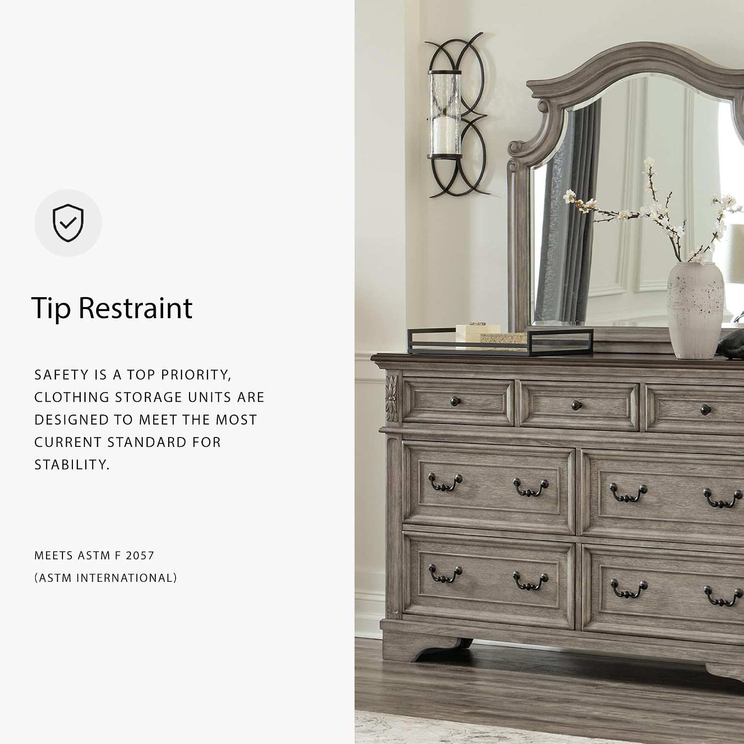 Signature Design by Ashley Lodenbay Casual Smooth-Gliding 7-Drawer Dresser and Mirror with Safety Stop, Light Gray & Dark Brown