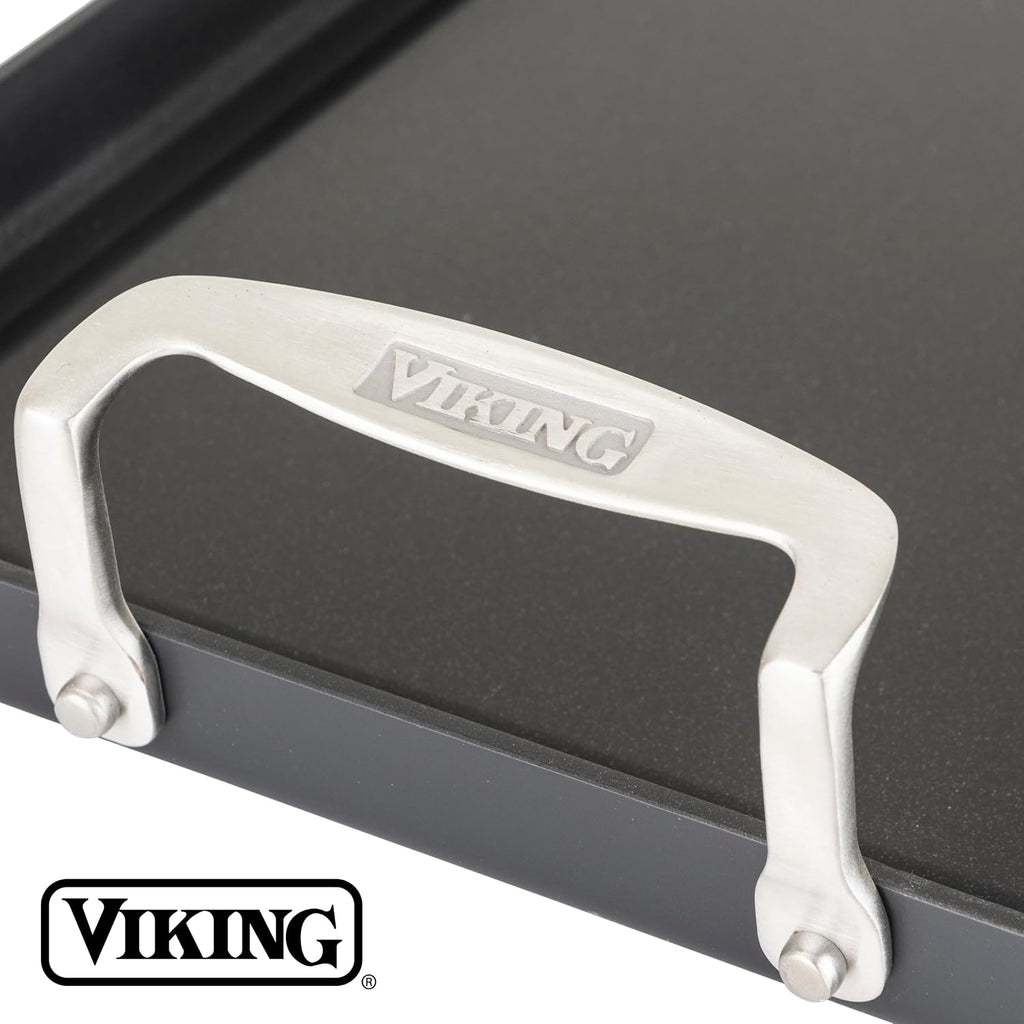 Viking Nonstick Double Burner Griddle, 19 x 11 Inch Hard Anodized Kitchen Grill Pan with Handles, Oven Safe, Works on Gas, Ceramic, and Electric Stove Top