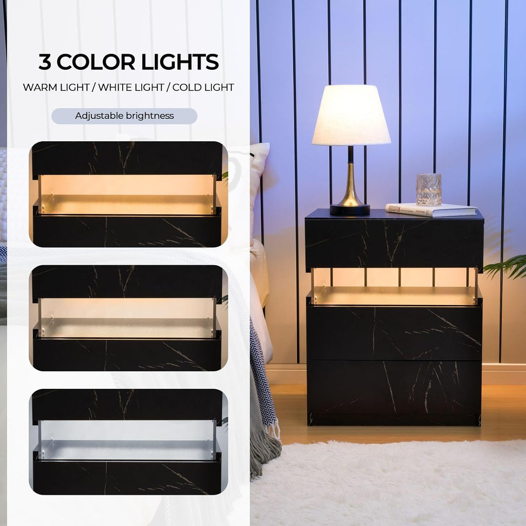 i-aplus LED Nightstand Set of 2,Night Stand Set 2,Modern Night Stand with 3 Drawers,Night Stands for Bedroom Set of 2,Bedside Table with Silent Slide Drawer