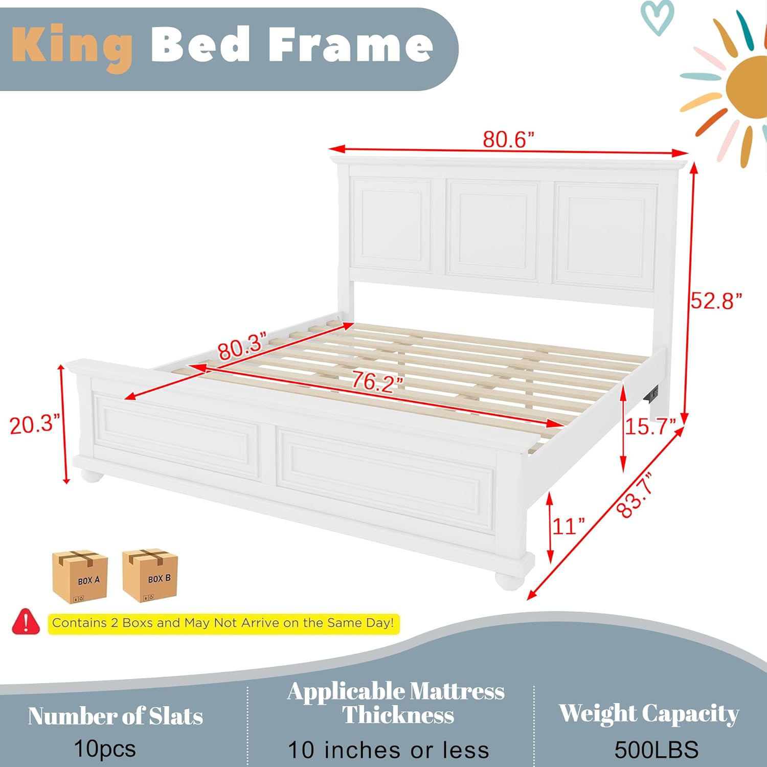Wood Bed Frame King with Tall Headboard & Footboard, Traditional King Panel Bed with USB Charging Station for Bedroom, Guest Room, Easy Assembly, No Box Spring Required,White