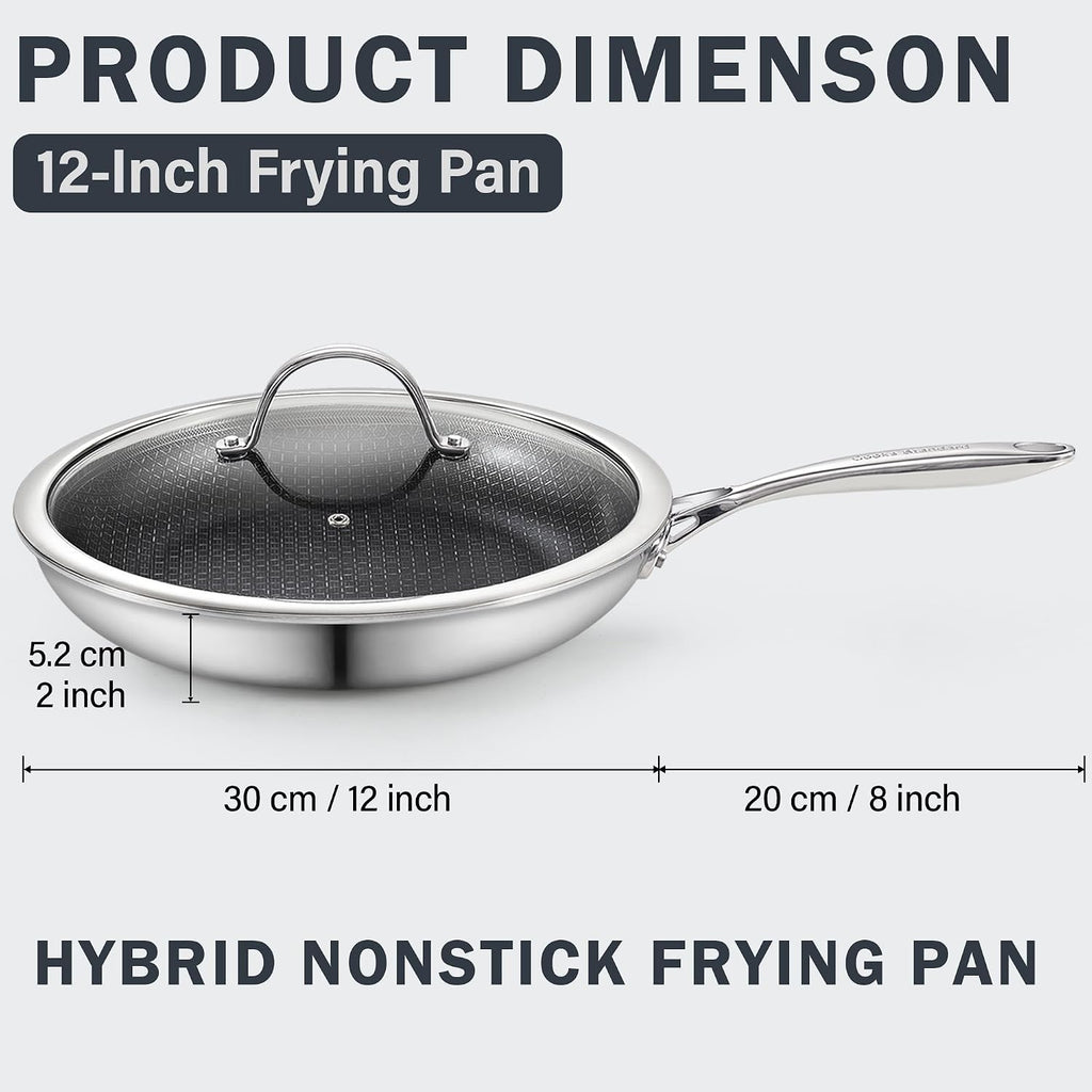 Cooks Standard Hybrid Mutli-Ply Clad 12 Inch Nonstick Frying Pan, Stainless Steel Skillet with Tempered Glass Lids, Cool Handle, Oven Safe, Compatible with All Stovetops