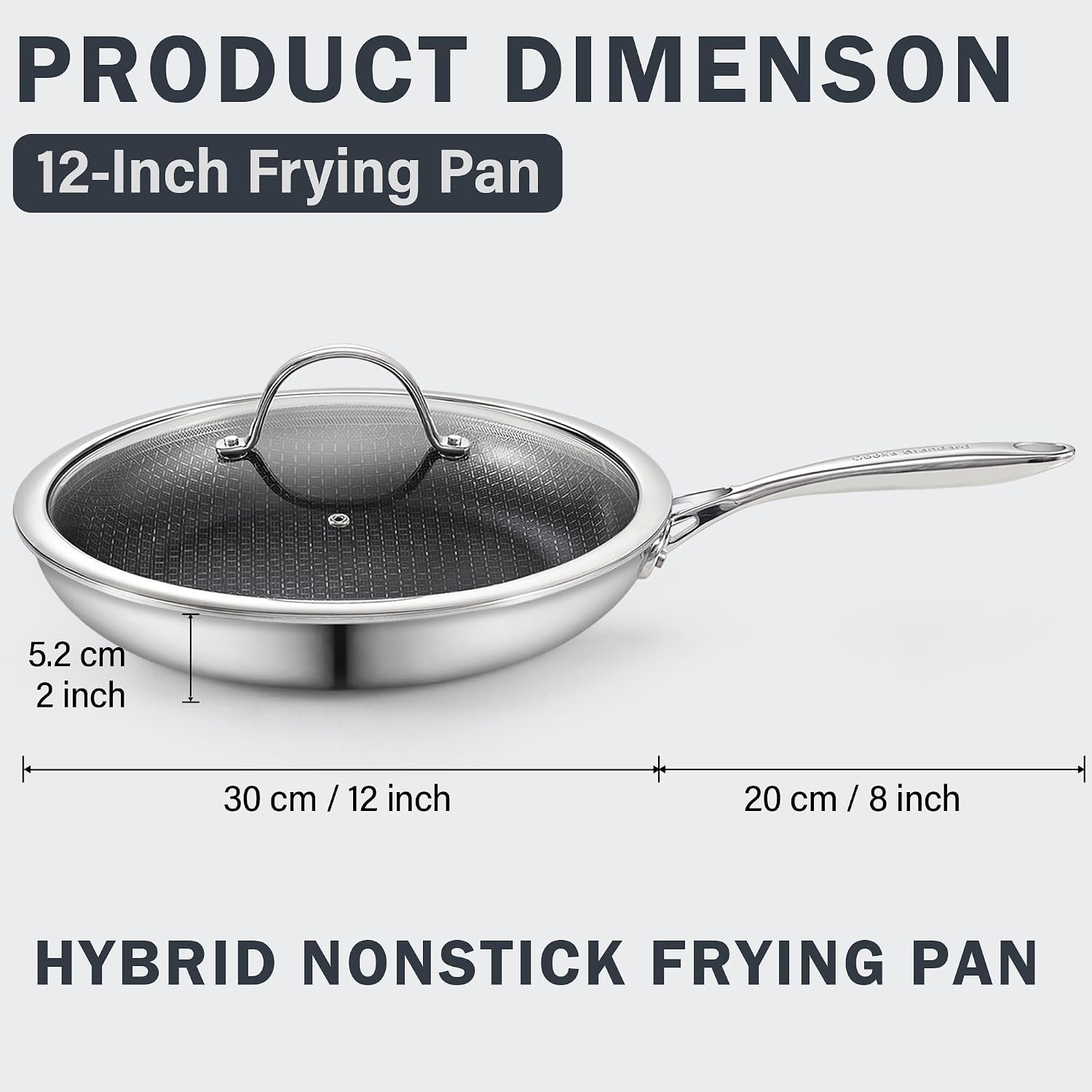 Cooks Standard Hybrid Mutli-Ply Clad 12 Inch Nonstick Frying Pan, Stainless Steel Skillet with Tempered Glass Lids, Cool Handle, Oven Safe, Compatible with All Stovetops