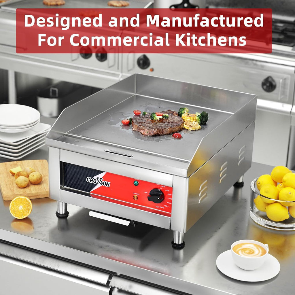 CROSSON ETL Listed 16'*16' Commercial Electric Countertop Griddle,Flat Top Griddles with Non-Stick 2/5' Thick Iron Cooking Plate for Restaurant and home use-120V/1750W,Spatula Included