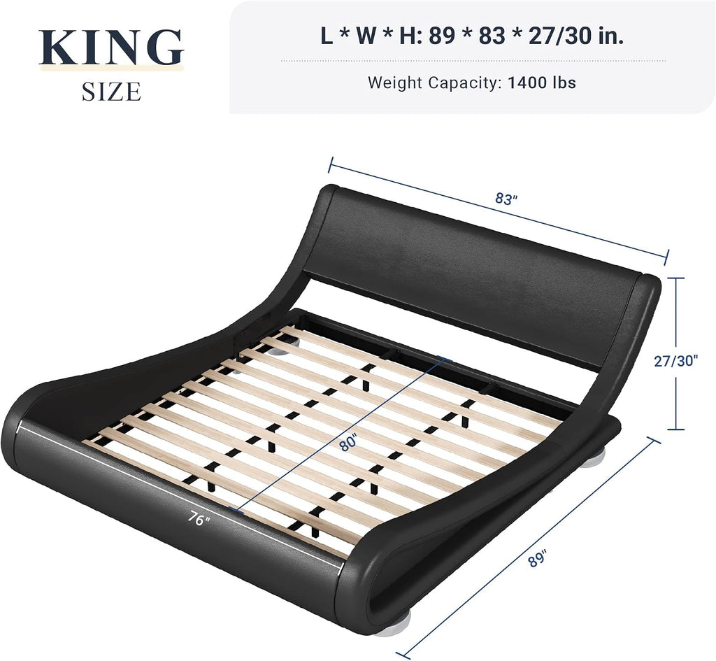 Allewie King Size Upholstered Platform Bed Frame with Ergonomic & Adjustable Headboard, Low Profile Sleigh Design for Elegant Bedroom - No Box Spring Needed, Easy Assembly, Black