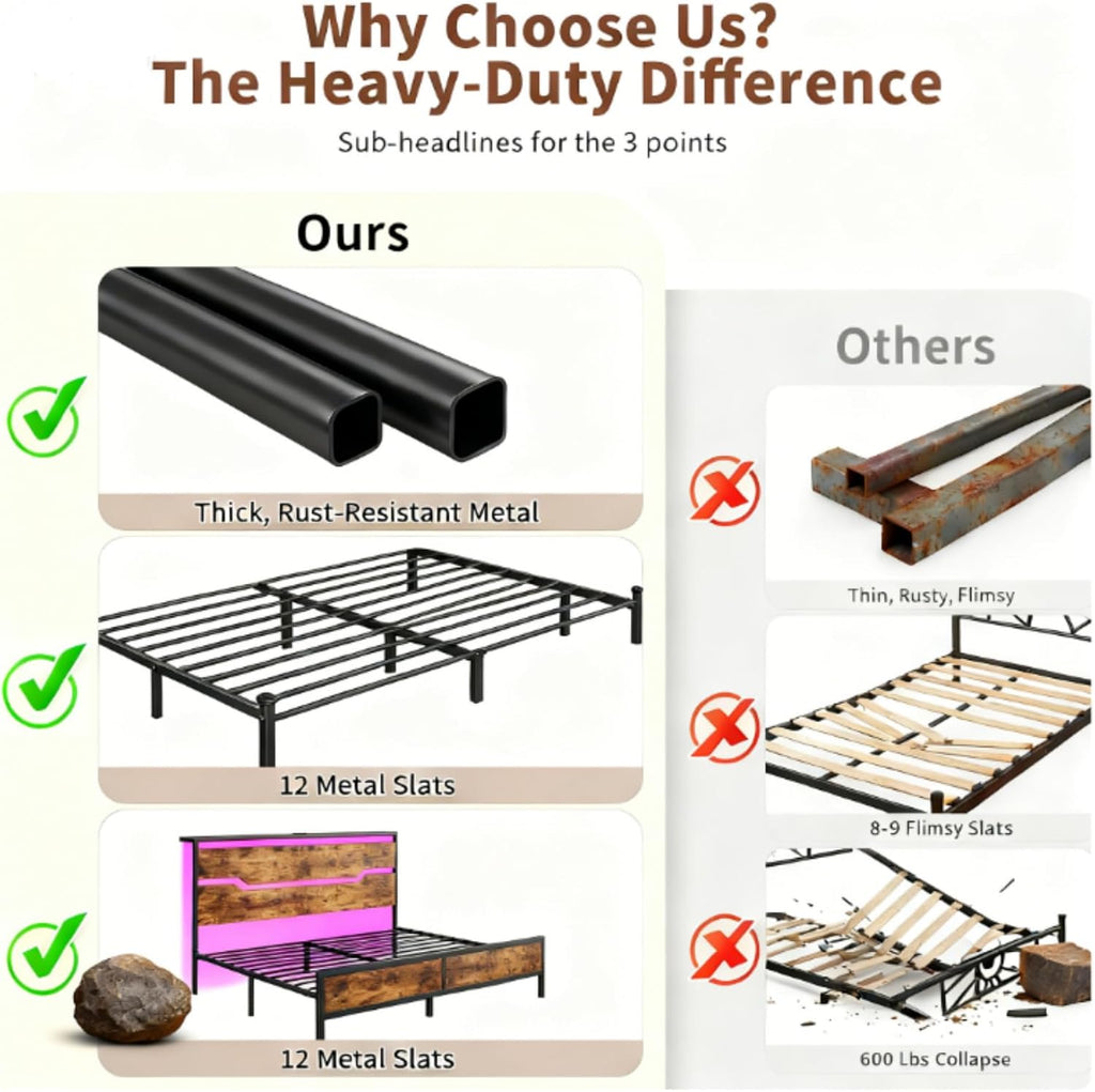 Homkdom Queen Bed Frame with LED Lights & Charging Station, Industrial Metal Platform Bed with 13' Large Under-Bed Storage, Heavy Duty Slats,Noise-Free, No Box Spring Needed,Modern Brown