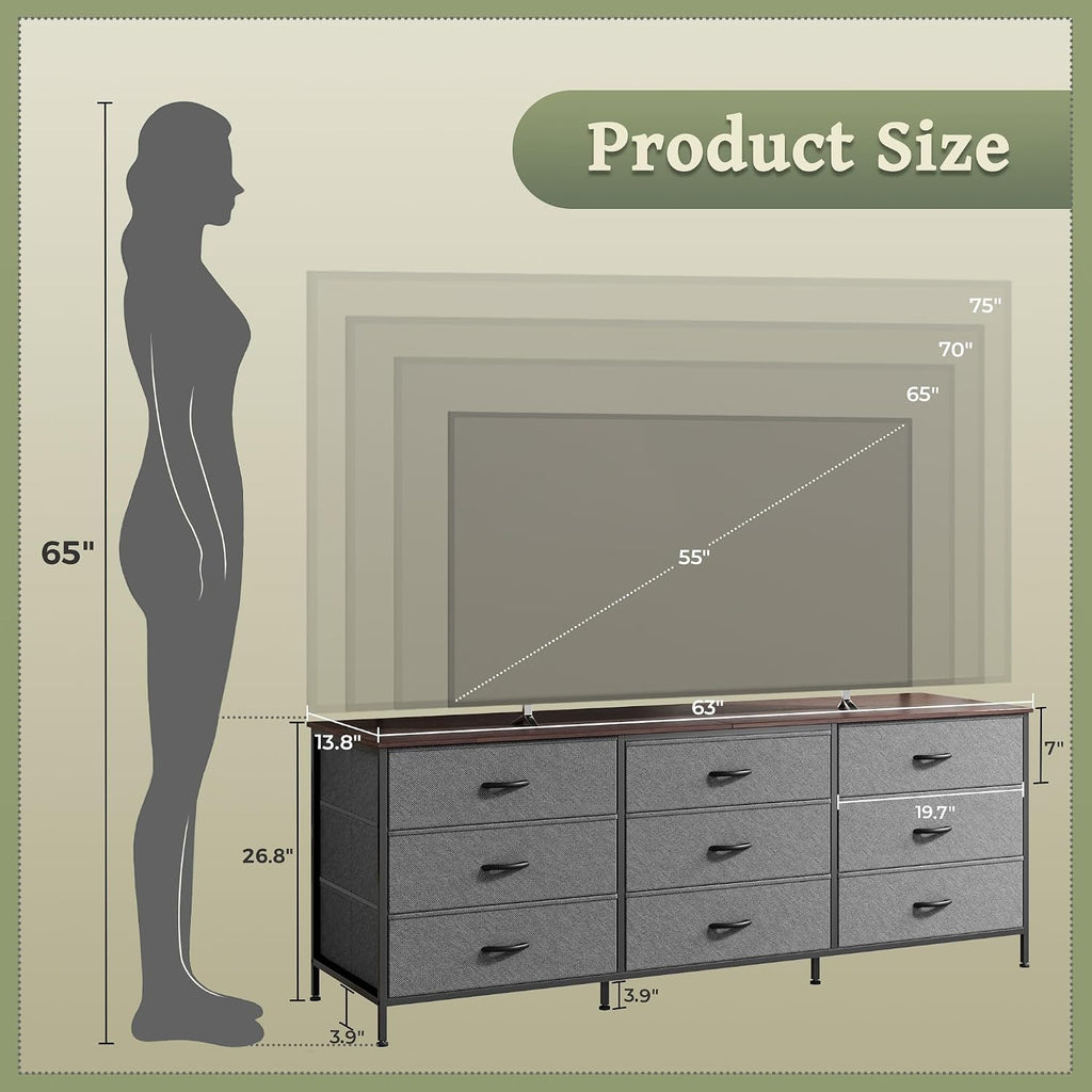 Huuger 63 Inch Dresser for Bedroom, Dresser for Closet with 9 Fabric Drawers, Large TV Stand for 55, 65, 70 Inch TV, Entertainment Center with Storage, Wide Long Chest of Drawers, Walnut and Dark Grey