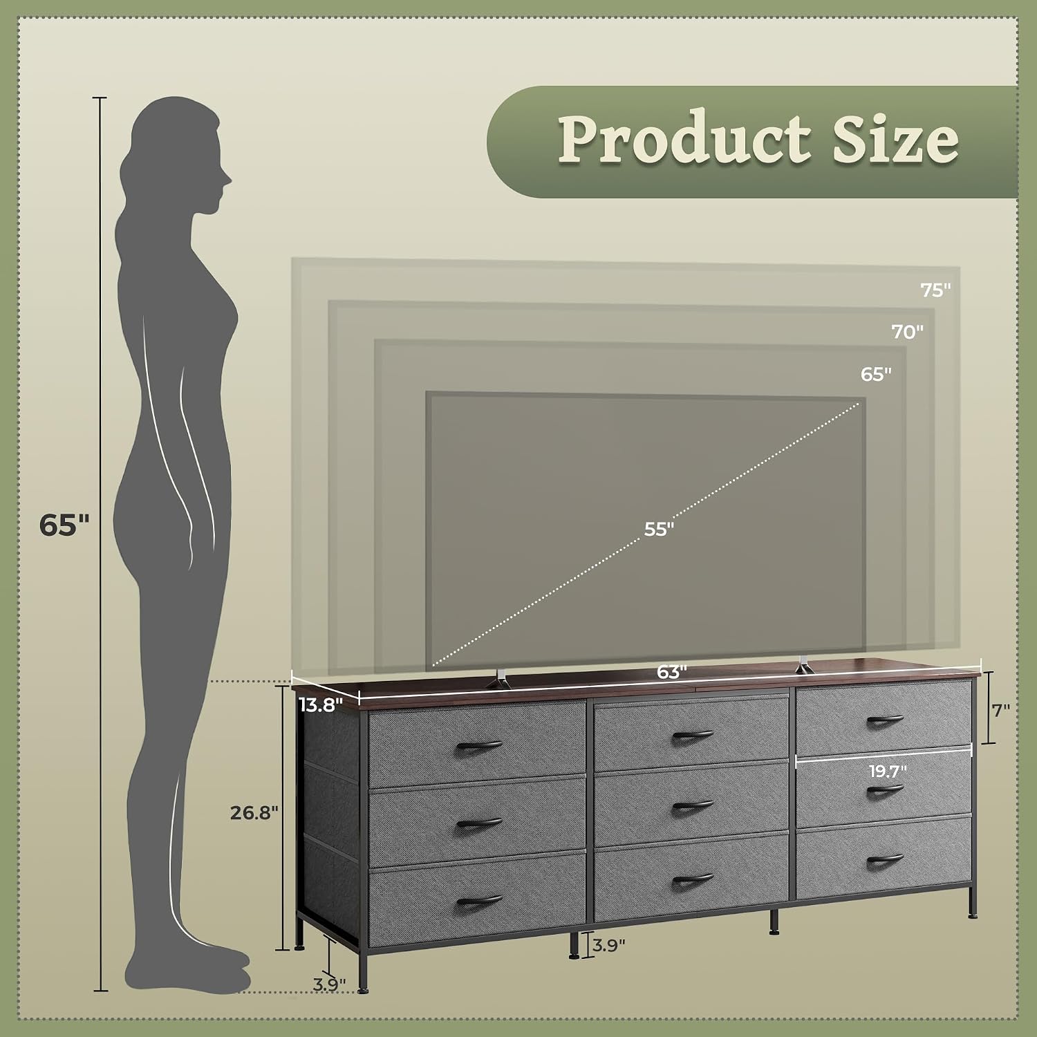 Huuger 63 Inch Dresser for Bedroom, Dresser for Closet with 9 Fabric Drawers, Large TV Stand for 55, 65, 70 Inch TV, Entertainment Center with Storage, Wide Long Chest of Drawers, Walnut and Dark Grey