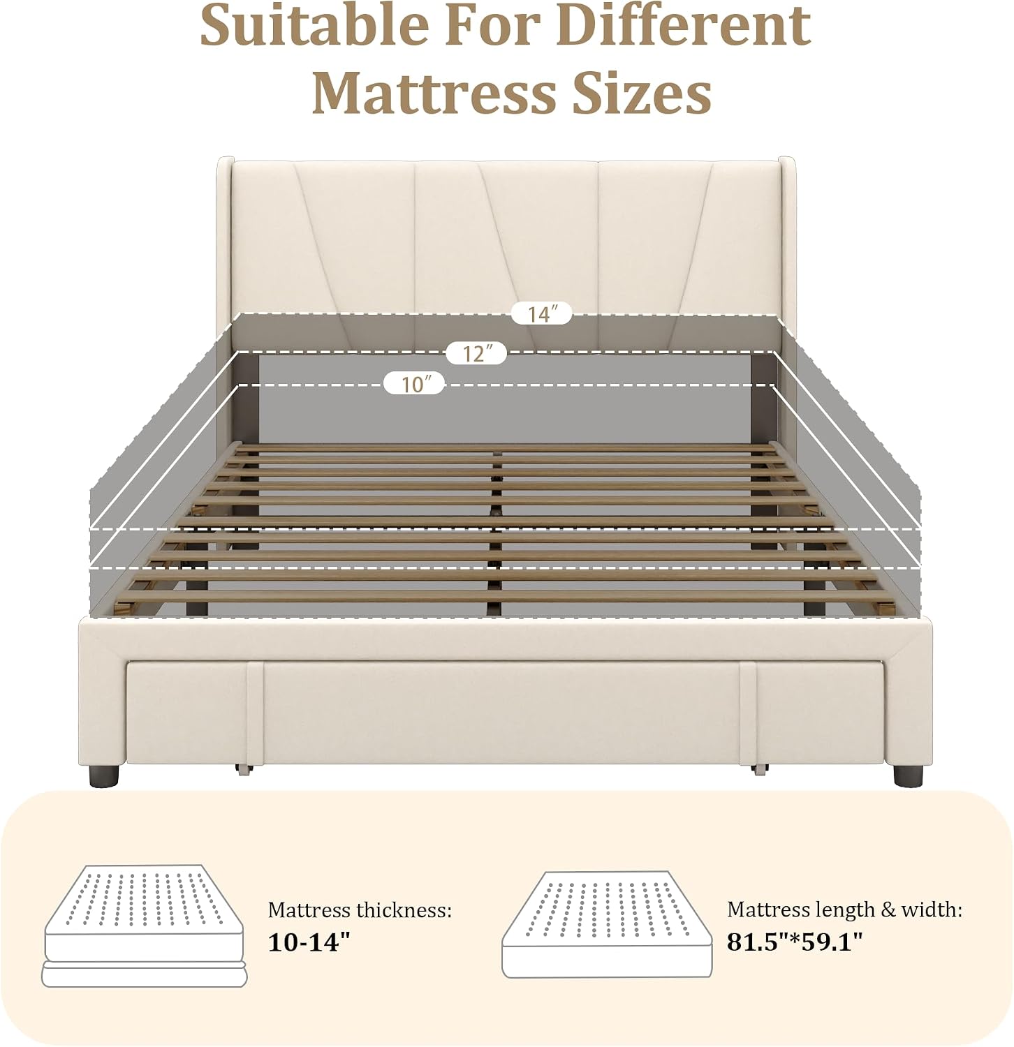Queen Bed Frame with Storage Drawers, Upholstered Queen Size Platform Bed with 47' Tall Headboard and Wingboard, No Box Spring Needed, Noise Free, Easy Assembly, Wooden Support Slats, Beige