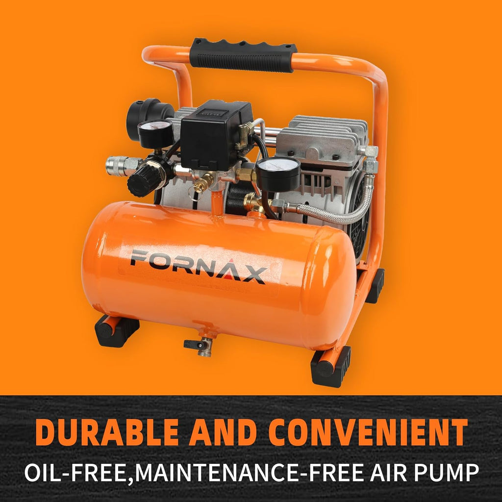 FORNAX Ultra Quiet Air Compressor, 1.3Gallon, 1HP, 65dB Silent Oil-Free Portable Compressor, 125 PSI Max, 120V, for Tire Inflation, Nail Gun, Garage, Bike, Pneumatic Tools