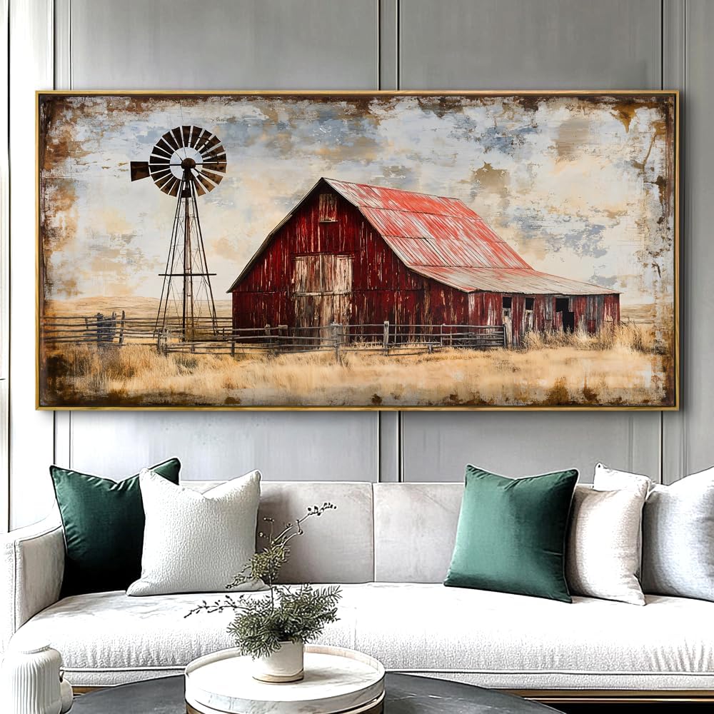 Abstract Farm Landscape Wall Art - Large Framed Canvas Painting for Living Room, Bedroom, Modern Artwork Decor - 60x30 Inch Ready-to-Hang