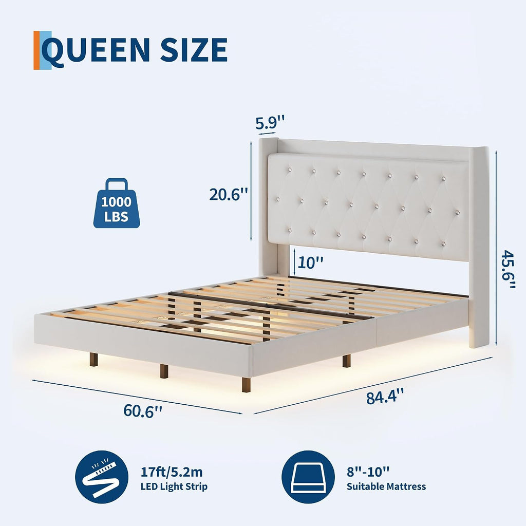 IDEALHOUSE Queen Size Bed Frame with LED Lights, Floating Platform Bed with Velvet Upholstered Storage Headboard, No Box Spring Needed, Noise Free, Easy Assembly