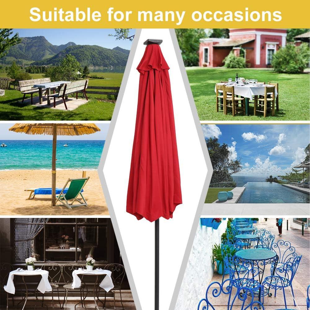 Patio Umbrella 9FT Round Outdoor Market Table Umbrella Waterproof Folding Sunshade Umbrella with Solar LED Light for Outdoor Beach Deck Garden Party Decoration (Without Unbrella Base, Wine Red)