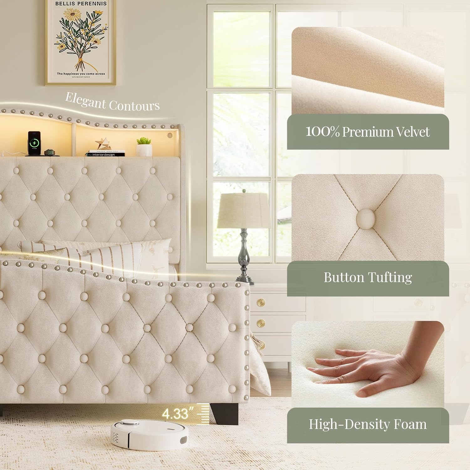 Belffin King Size Bed Frame and Headboard, 50.9' Velvet Upholstered Wingback Bedframe with LED Lights & Storage/Charging Station, Button Tufted Tall Footboard, No Box Spring Needed, Noise-Free, Beige