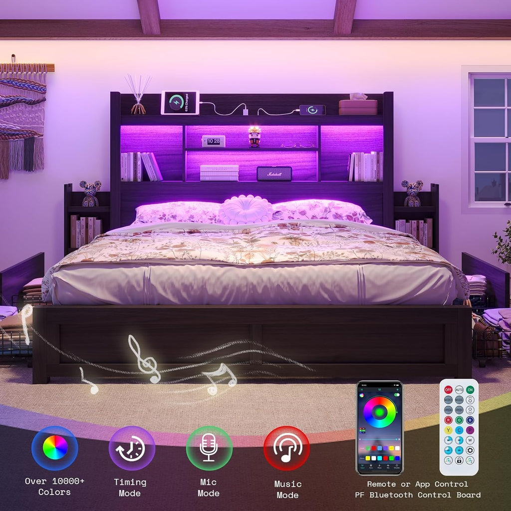 LUXOAK California King Bed Frame with 49.6' Bookcase Headboard & 2 Bedside Stoage Racks & 4 Drawers, Farmhouse Wood Bed Frame with RGB LED & Charging Station, No Box Spring Needed, Black