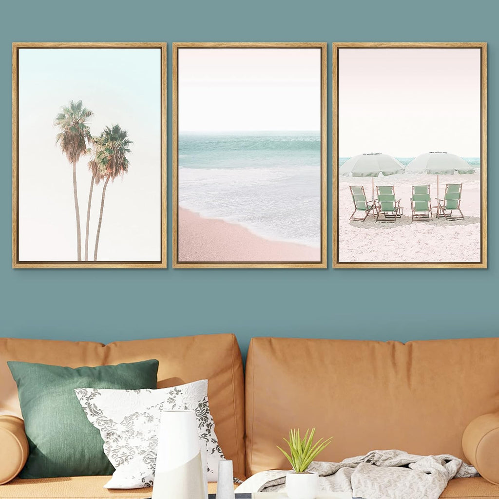 SIGNWIN Framed Canvas Print Wall Art Set Retro Vintage Pastel Tropical Island Beach Nature Wilderness Photography Modern Art Landscape Relax/Calm for Living Room, Bedroom, Office - 16'x24'x3 Natural