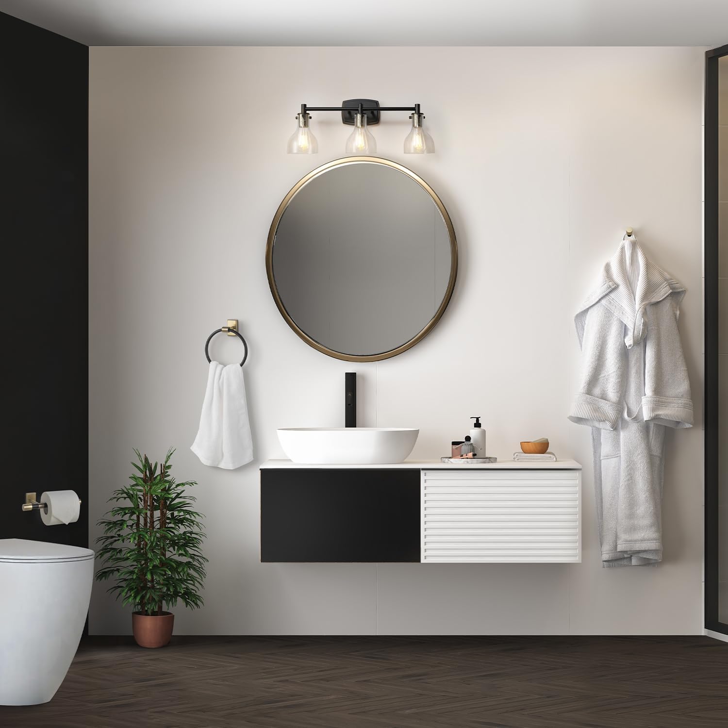 GLOBE Electric 63000062 5-Piece All-in-One Bathroom Set, Matte Black & Brass, 3-Light Vanity Light, Seeded Glass, Towel Bar, Toilet Paper Holder, Towel Ring, Robe Hook, Bathroom Lights Over Mirror