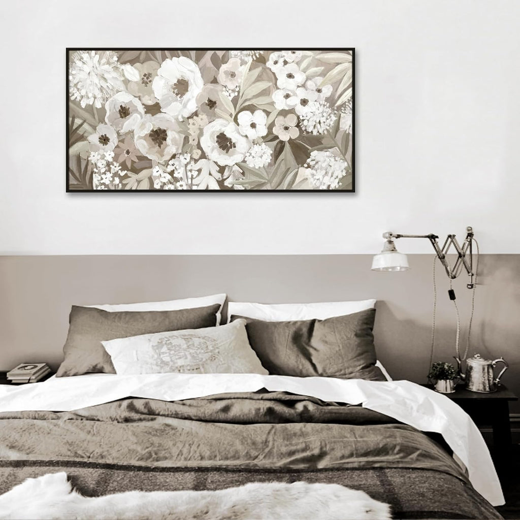 Framed Floral Canvas Wall Art, Gray and White Flowers Artwork For Living Room Bedroom Office Decor, 24 x 48 Inch