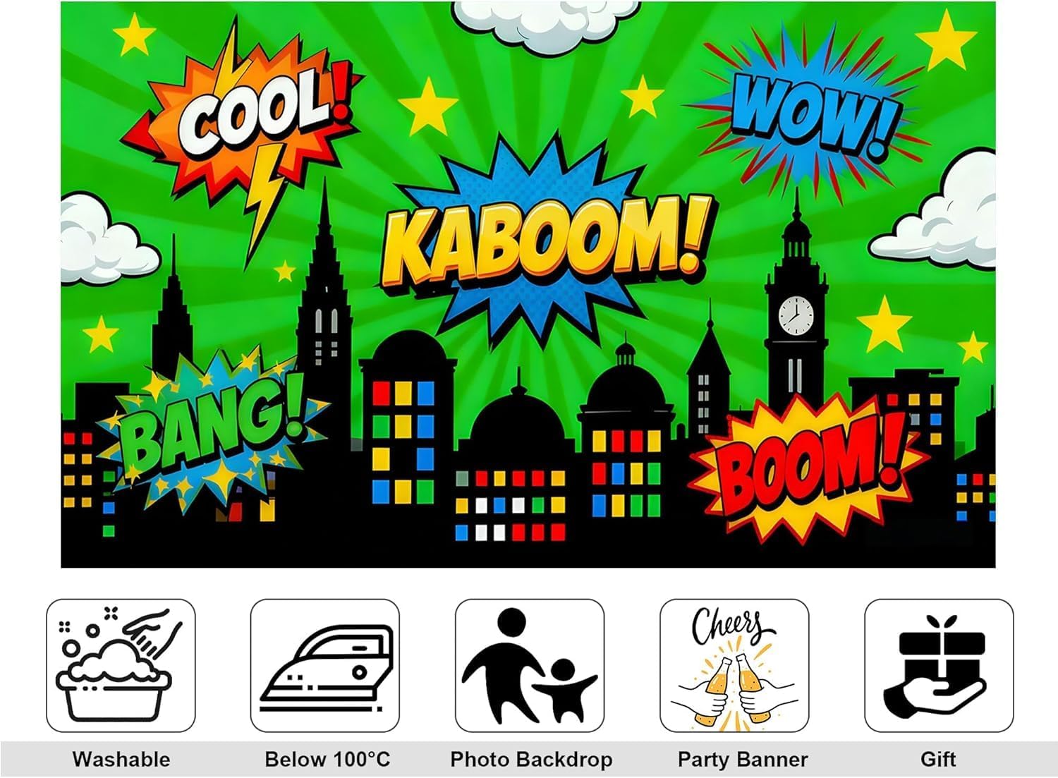 20x10ft Superhero Comic Book Style Photography Backdrop City Skyline Background with Pop Art TextGreen and Multi-Color Design for Party Birthday Decoration
