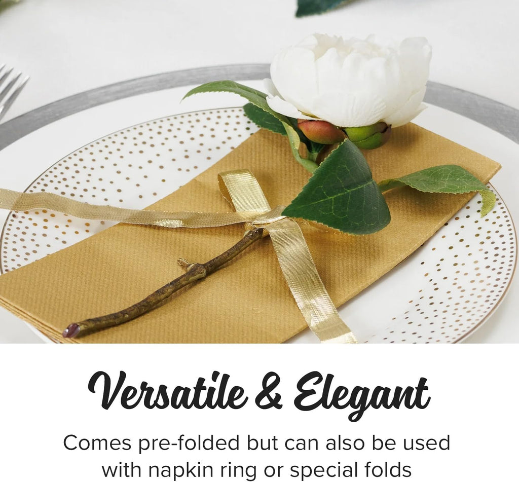 SimuLinen Gold Linen Feel Disposable Dinner Napkins - Cloth-Like Kosher Napkins for Celebrations, Weddings, and Showers, 16'x16', Box of 300