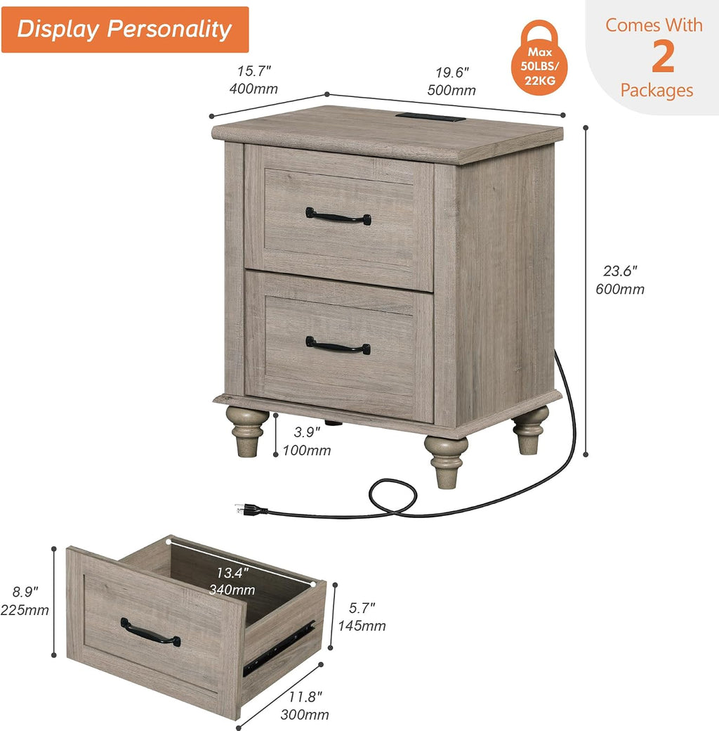 WAMPAT Nightstands with Charging Station Set of 2, 20 Inch Bedside Table with 2 Drawers, Farmhouse Night Stand Wood End Tables with Solid Wood Legs for Bedroom, Grey