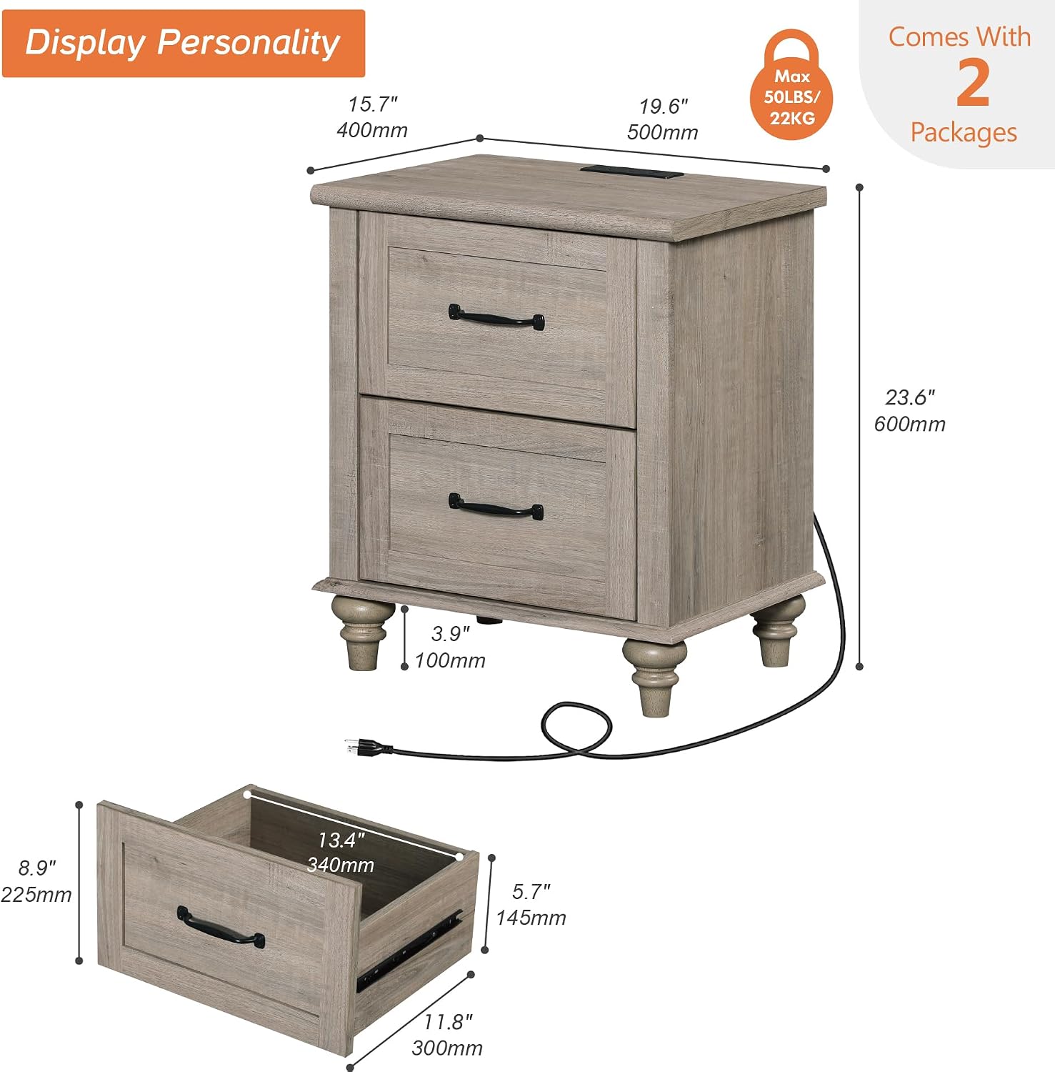 WAMPAT Nightstands with Charging Station Set of 2, 20 Inch Bedside Table with 2 Drawers, Farmhouse Night Stand Wood End Tables with Solid Wood Legs for Bedroom, Grey