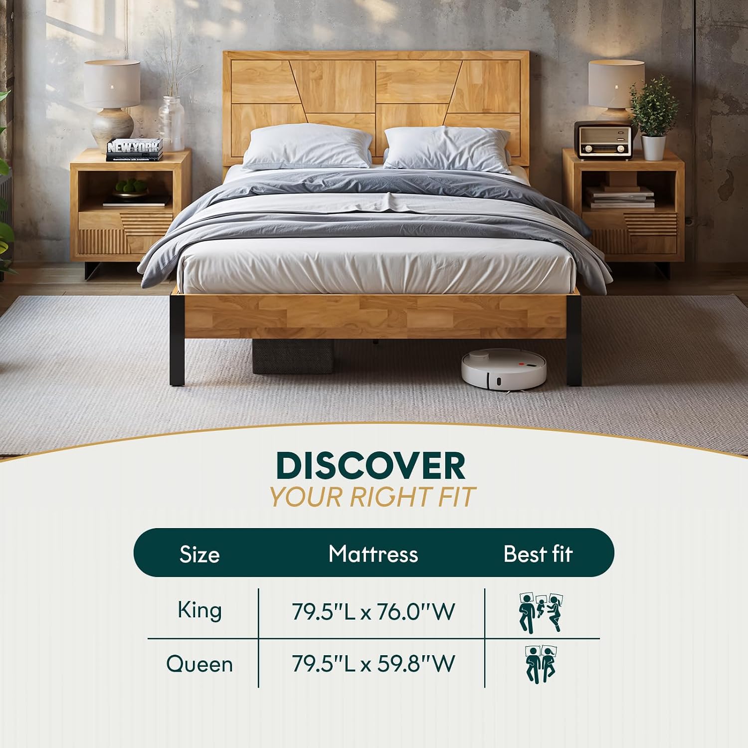 Bme Trapeze Queen Bed Frame – Modern Solid Wood Bed with Smooth Pattern Headboard, Black Metal Legs, Light Natural Finish – Durable Queen Size Platform Bed for Contemporary Bedrooms