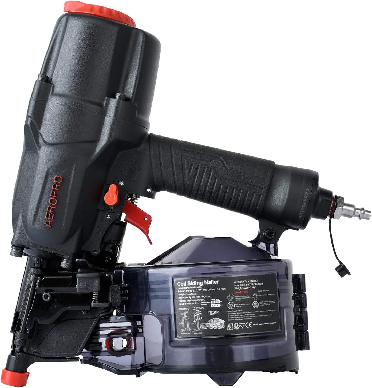 AeroPro CN65R 15 Degree 1-1/2″ to 2-1/2″ Pneumatic Coil Siding Nailer with Tool-less Depth Adjustment and Side Load, Tilt Bottom Magazine