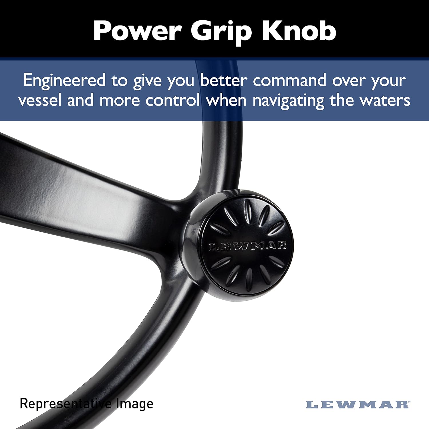 Lewmar Power Grip Boat Steering Wheel with 5/8' Welded Nut - 13.5' Diameter, Weather-Resistant Black Cast Stainless Steel, Professional Knob with Ergonomic Finger Grips